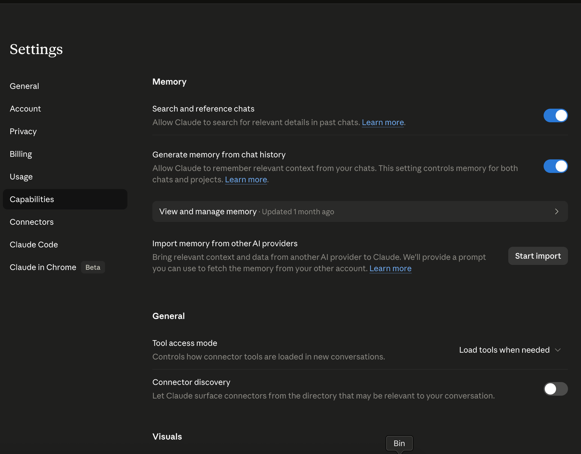 Claude Settings > Capabilities > Memory page, with Generate memory from chat history toggled on, and a Start import button next to Import memory from other AI providers.